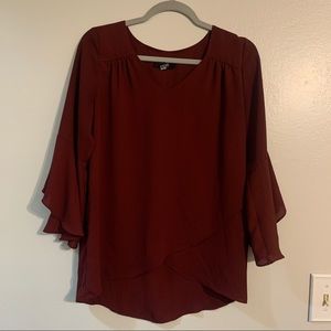 AGB Burgundy Chiffon Blouse with 3/4 Flutter Sleeves - S